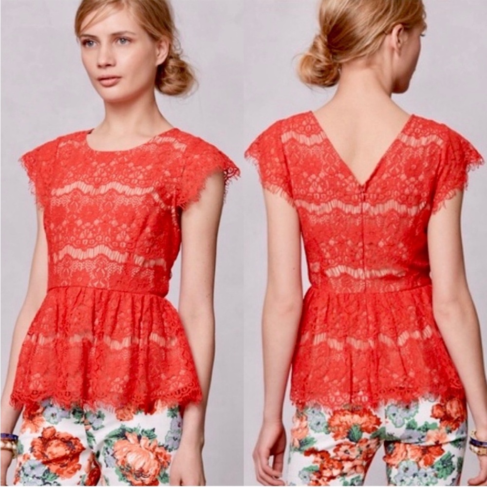 Maeve Anthropologie Katrine Floral Lace Peplum Top Small Red Bohemian